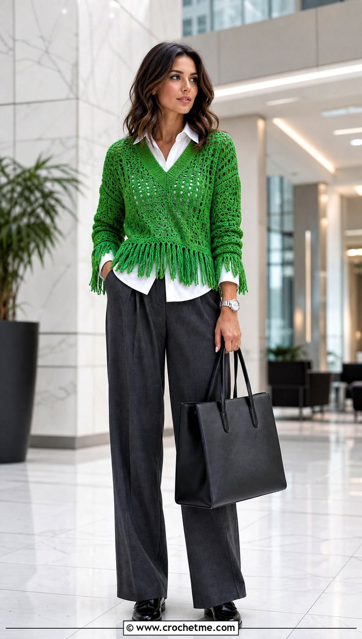 V Neck Crochet Fringe Sweater With White Button Down - 20 Crochet Fringe Sweater outfit ideas