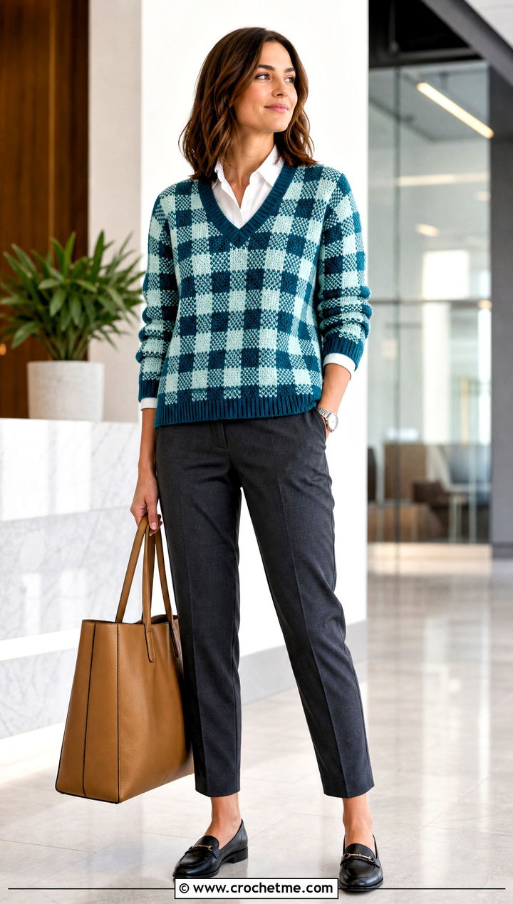 V Neck Crochet Gingham Sweater With Dress Shirt And Trousers - 25 Crochet Gingham Sweater outfit ideas