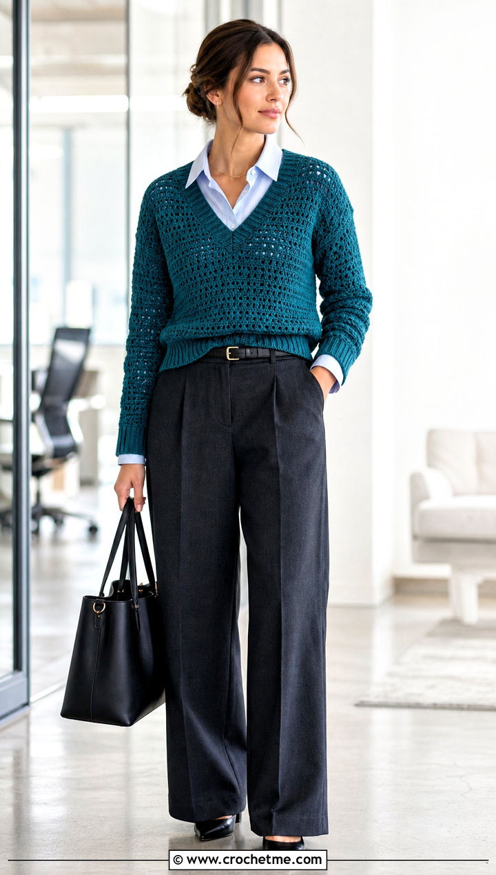 V Neck Crochet Grandpa Sweater With Wide Leg Trousers - 25 Crochet Grandpa Sweater outfit ideas