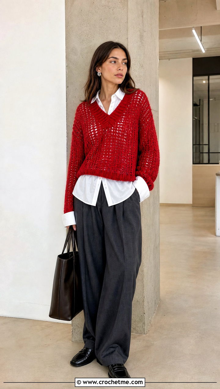 V Neck Crochet Grunge Sweater With White Shirt And Trousers - 30 crochet grunge sweater outfit ideas
