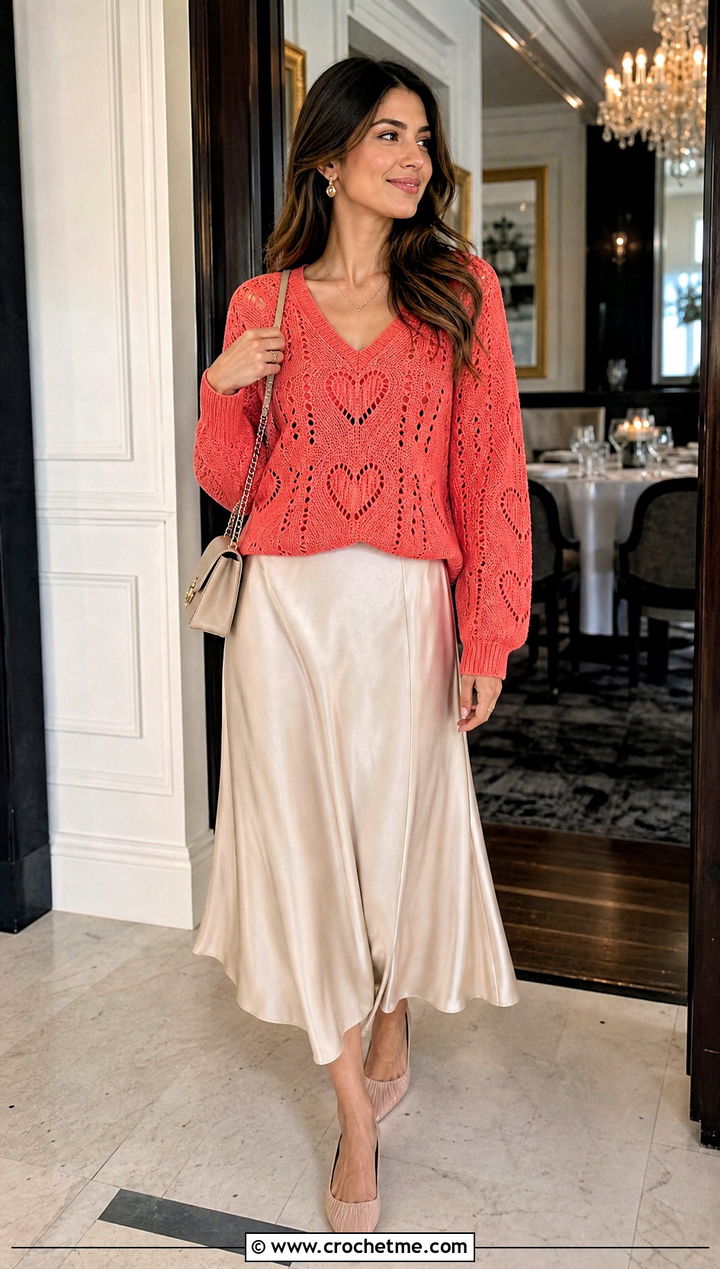 V Neck Crochet Heart Sweater With Satin Skirt - 25 crochet valentine sweater outfit ideas