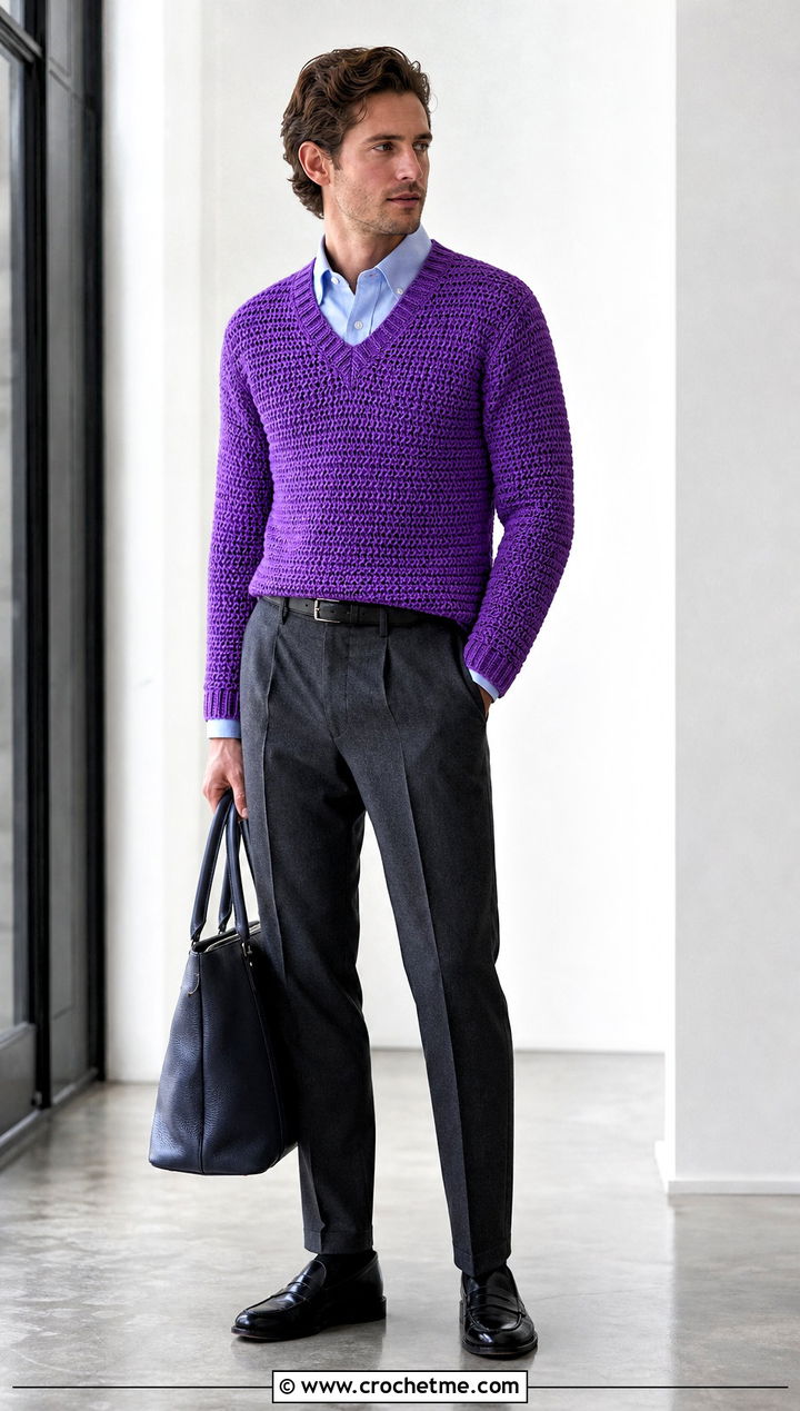 V Neck Crochet Jumper With An Oxford Shirt - 25 mens crochet jumper outfit ideas