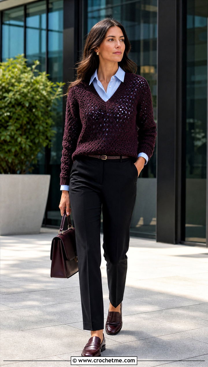 V Neck Crochet Jumper With Button Down Shirt - 25 Cute Crochet Jumper outfit ideas
