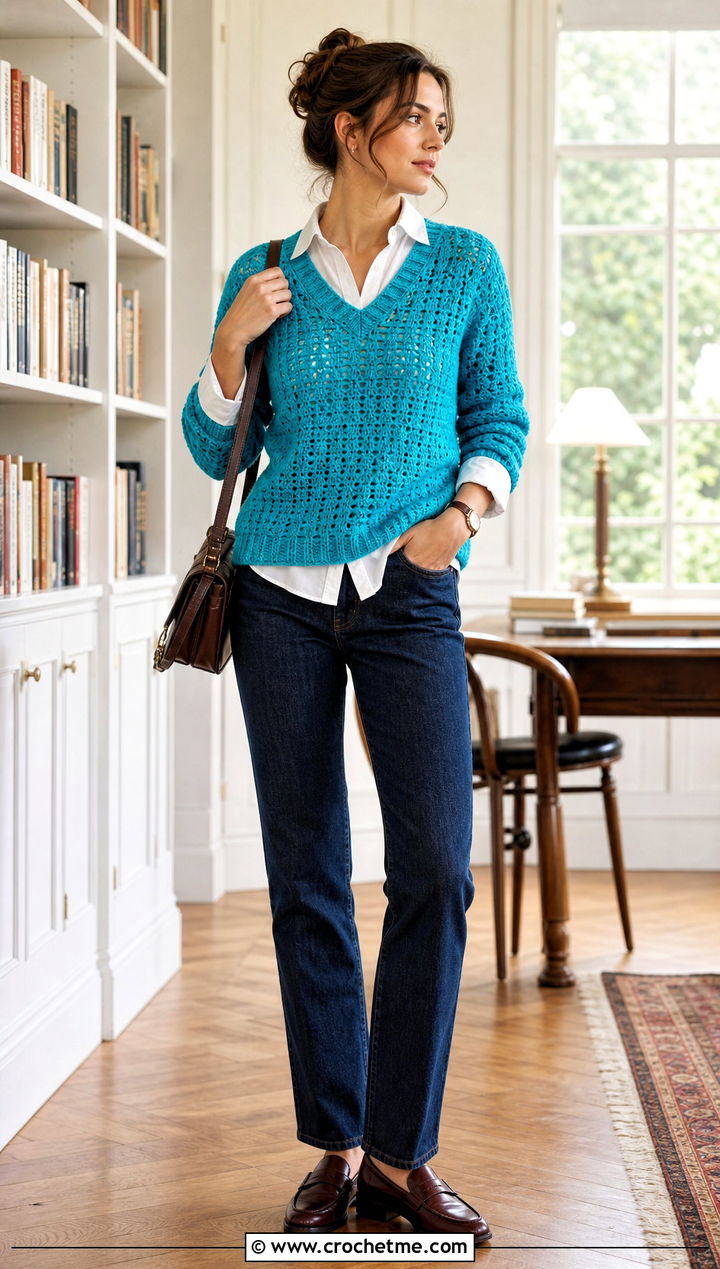 V Neck Crochet Jumper With Button Down Shirt - 20 Beginner Crochet Jumper outfit ideas