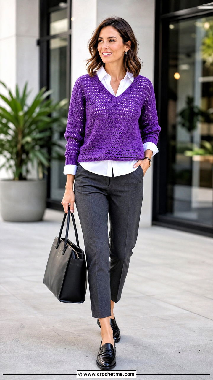 V Neck Crochet Jumper With Button Down Shirt And Trousers - 35 crochet jumper outfit ideas