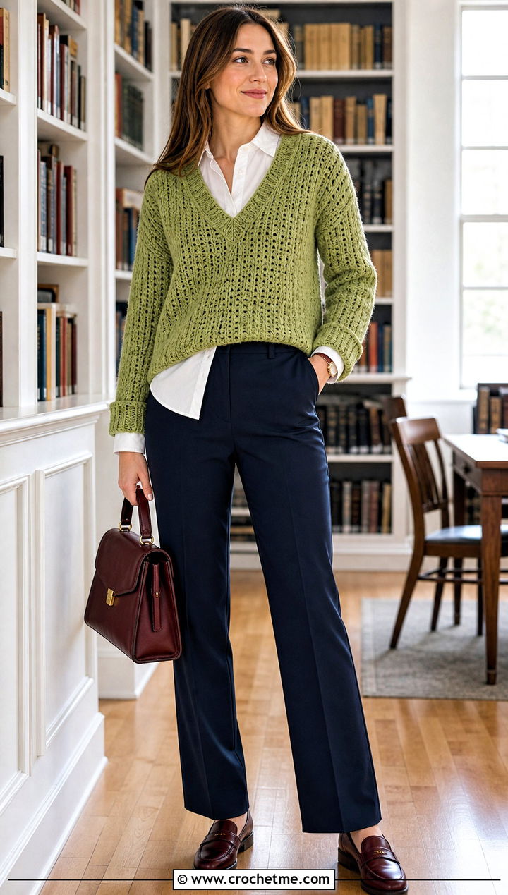 V Neck Crochet Jumper With Button Down Shirt - 25 crochet jumper for women outfit ideas