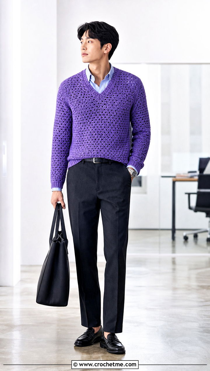 V Neck Crochet Jumper With Oxford Shirt And Trousers - 35 men crochet jumper outfit ideas