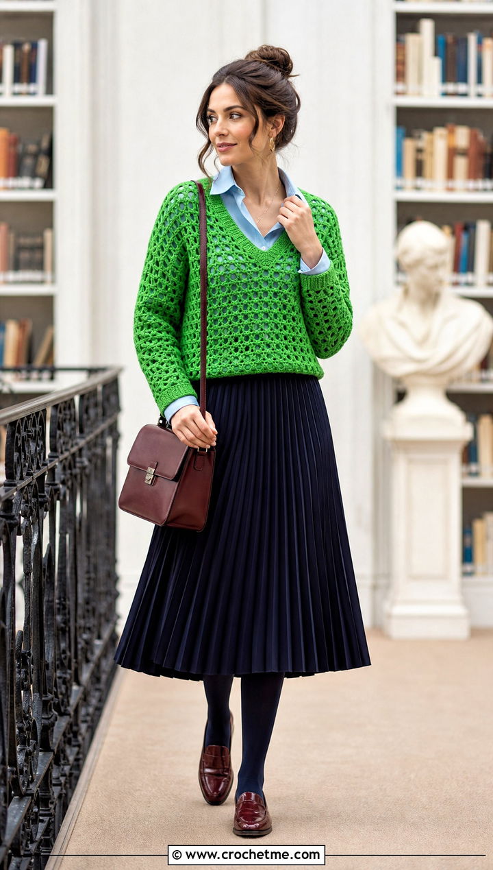 V Neck Crochet Jumper With a Button Down Shirt - 15 Ladies Crochet Jumper outfit ideas