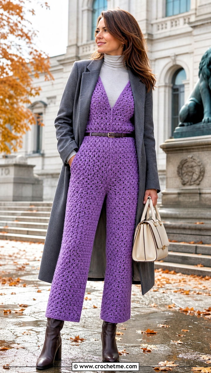 V Neck Crochet Jumpsuit With Fitted Turtleneck - 30 crochet jumpsuit outfit ideas