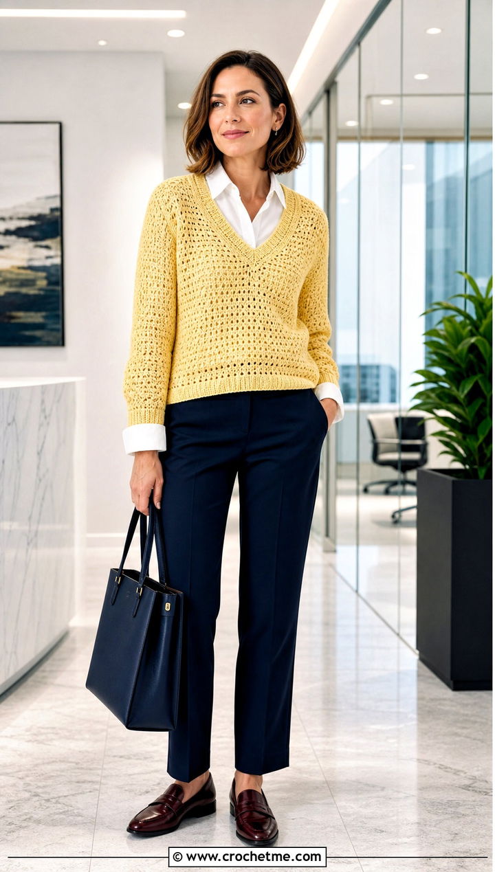 V Neck Crochet Lemon Sweater With White Shirt And Trousers - 25 Crochet Lemon Sweater outfit ideas