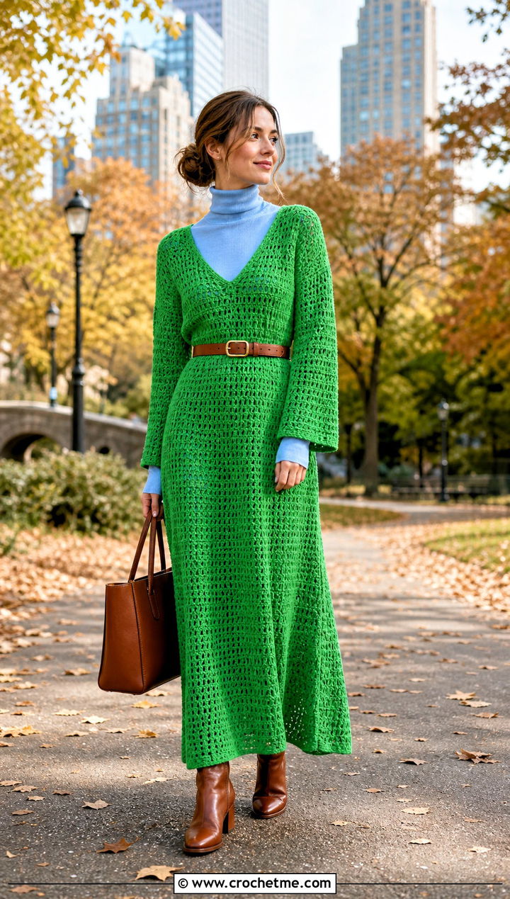 V Neck Crochet Long Sleeve Maxi Dress With Turtleneck Layer - 25 crochet long sleeve dress outfit ideas