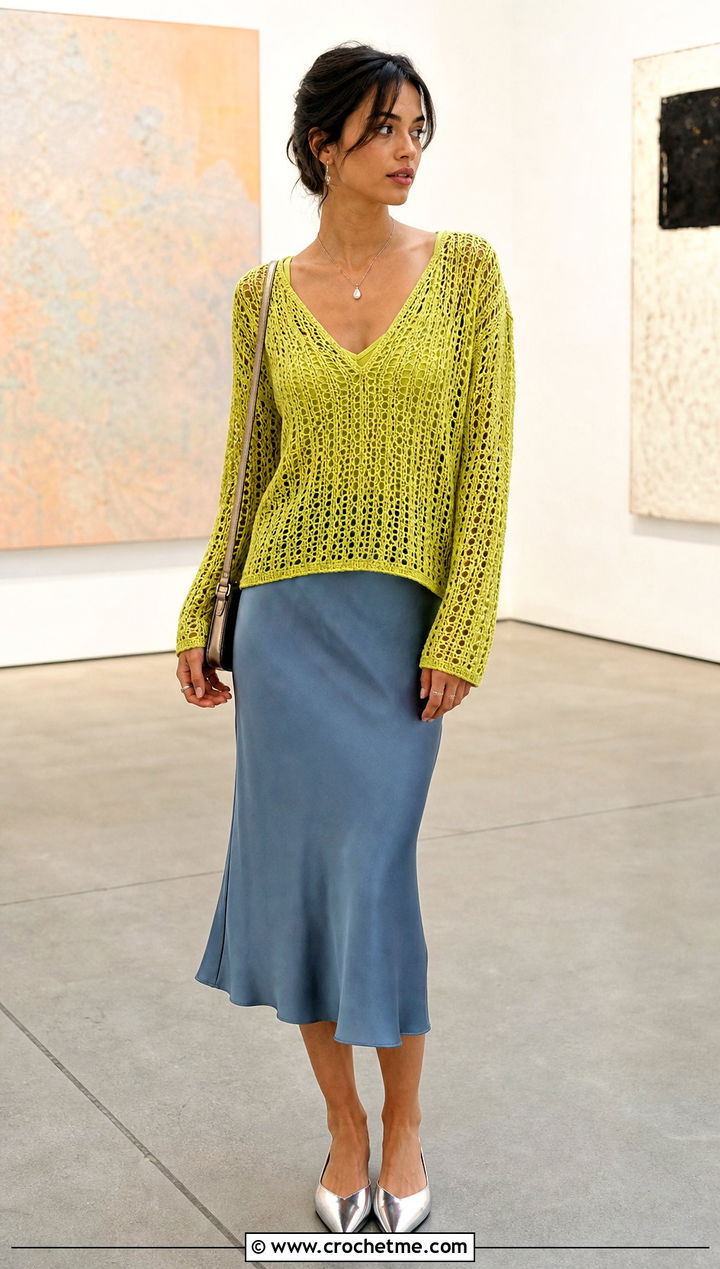 V Neck Crochet Long Sleeve Top With Slip Skirt - 25 long sleeve crochet top outfit ideas
