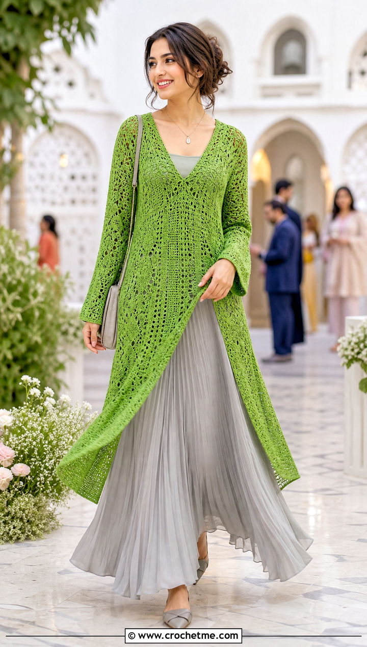 V Neck Crochet Long Sleeve Tunic With Pleated Maxi Skirt - 15 Crochet Long Sleeve Tunic outfit ideas