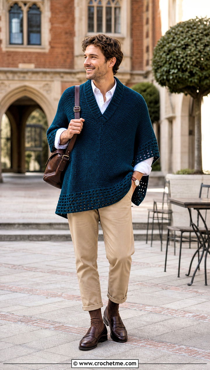V Neck Crochet Mens Poncho With Oxford Shirt - 25 crochet men's poncho outfit ideas