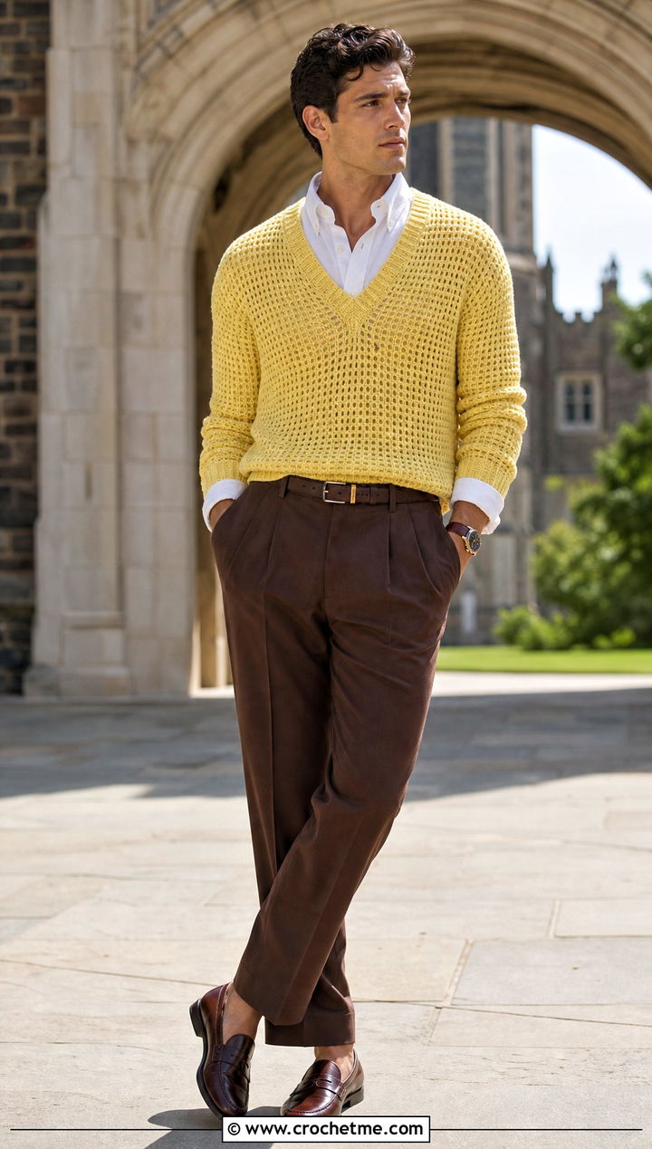 V Neck Crochet Mens Pullover With Pleated Trousers - 15 crochet mens pullover outfit ideas