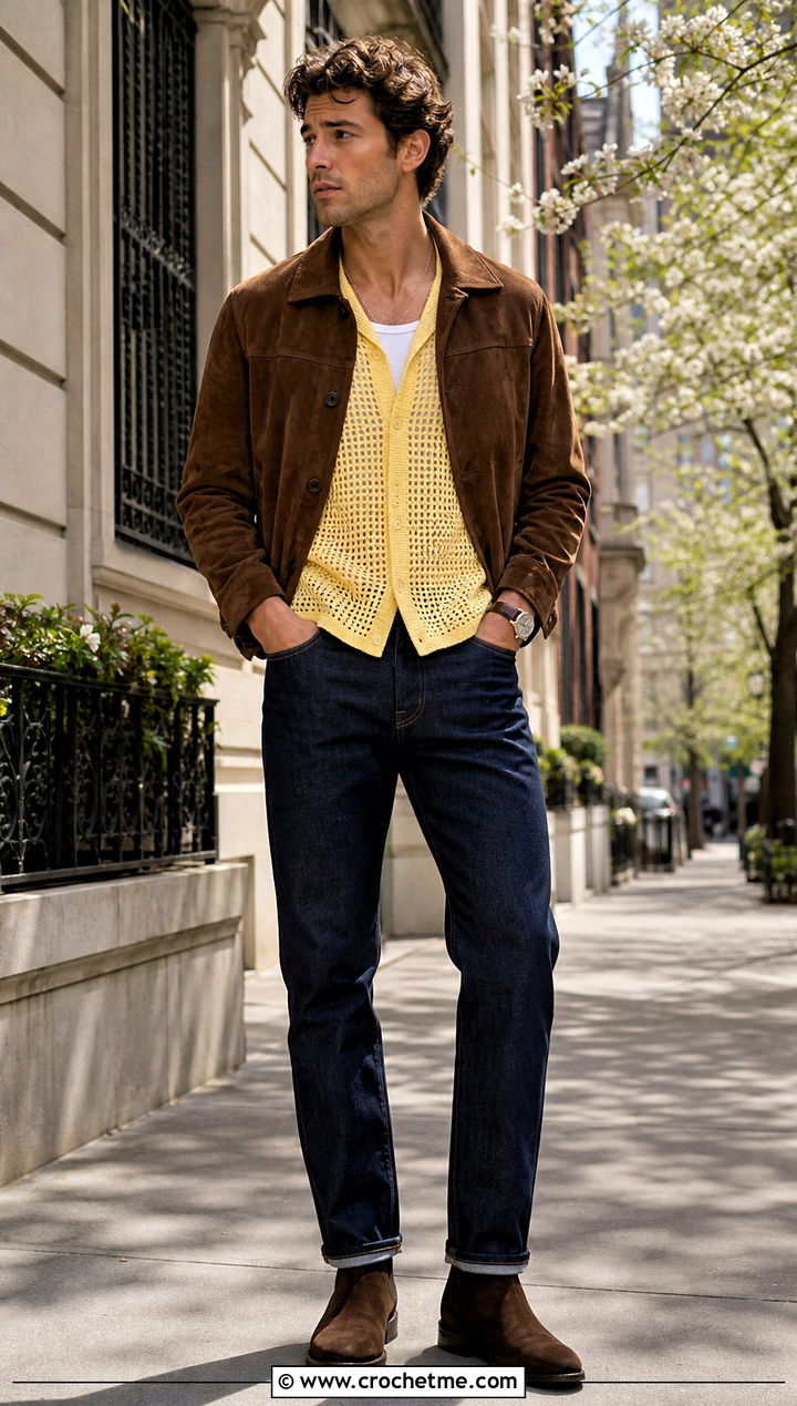 V Neck Crochet Mesh Shirt With A Suede Jacket - 25 Men Crochet Mesh Shirt outfit ideas