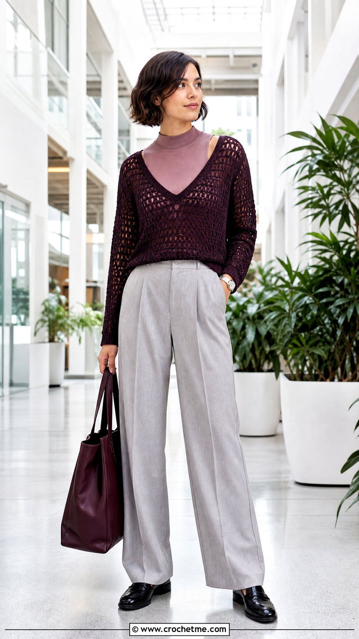V Neck Crochet Mesh Sweater With Pleated Trousers - 35 crochet mesh sweater outfit ideas