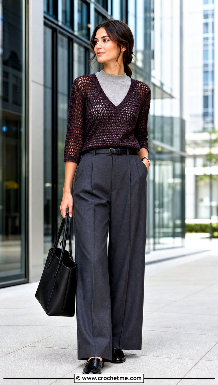 V Neck Crochet Mesh Top With Tailored Trousers - 25 Cute Crochet Mesh Top outfit ideas