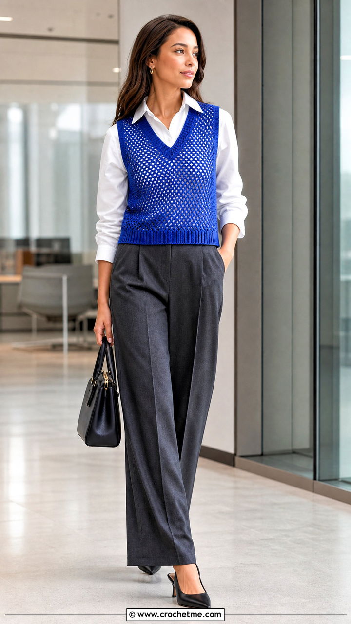 V Neck Crochet Mesh Vest With Office Trousers - 35 crochet mesh vest outfit ideas