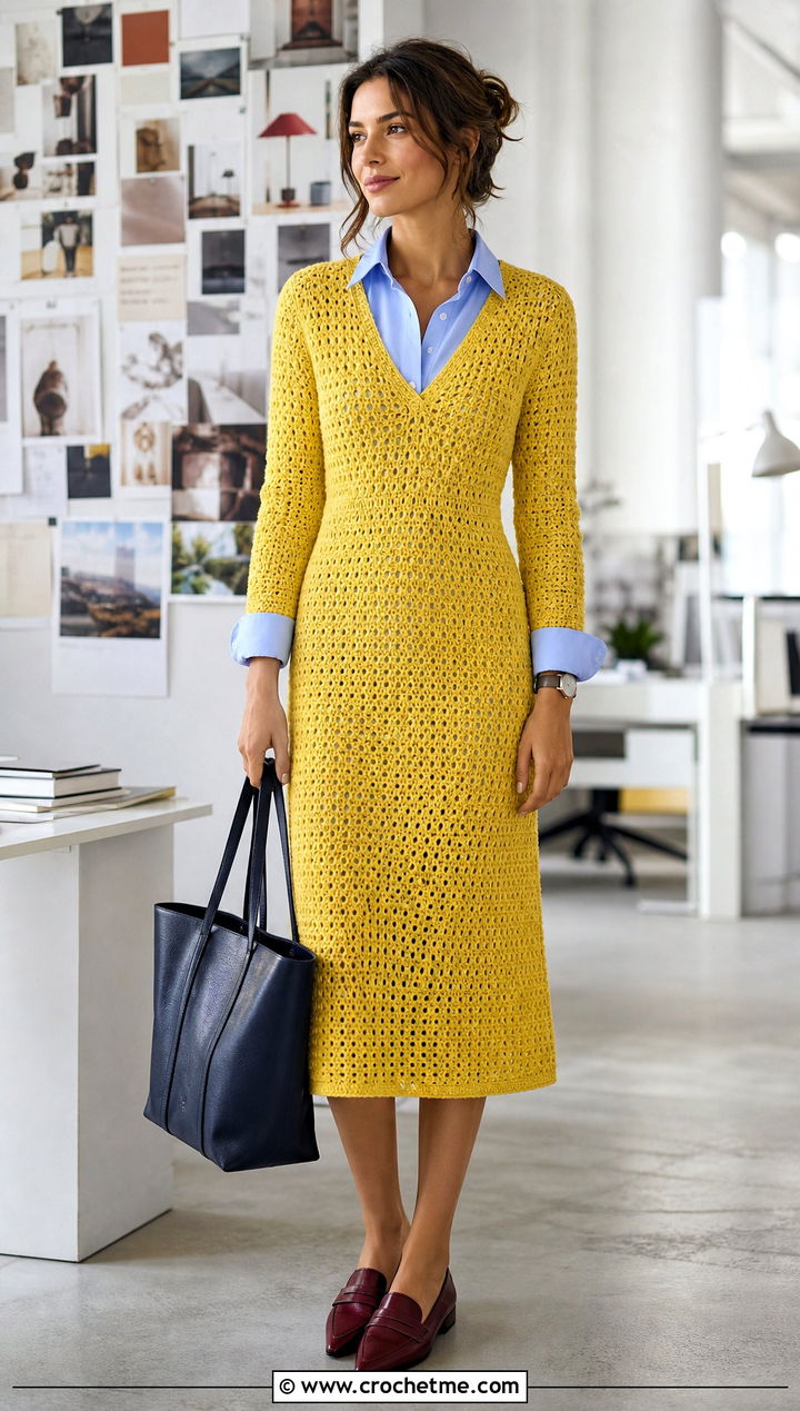 V Neck Crochet Midi Dress With Button Down Shirt - 35 long sleeve crochet dress outfit ideas
