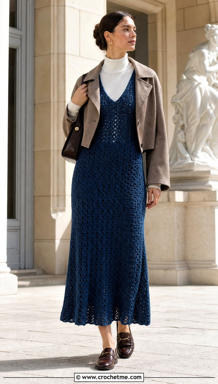 V Neck Crochet Overall Dress With Mock Neck Top - 35 Crochet Overall Dress outfit ideas