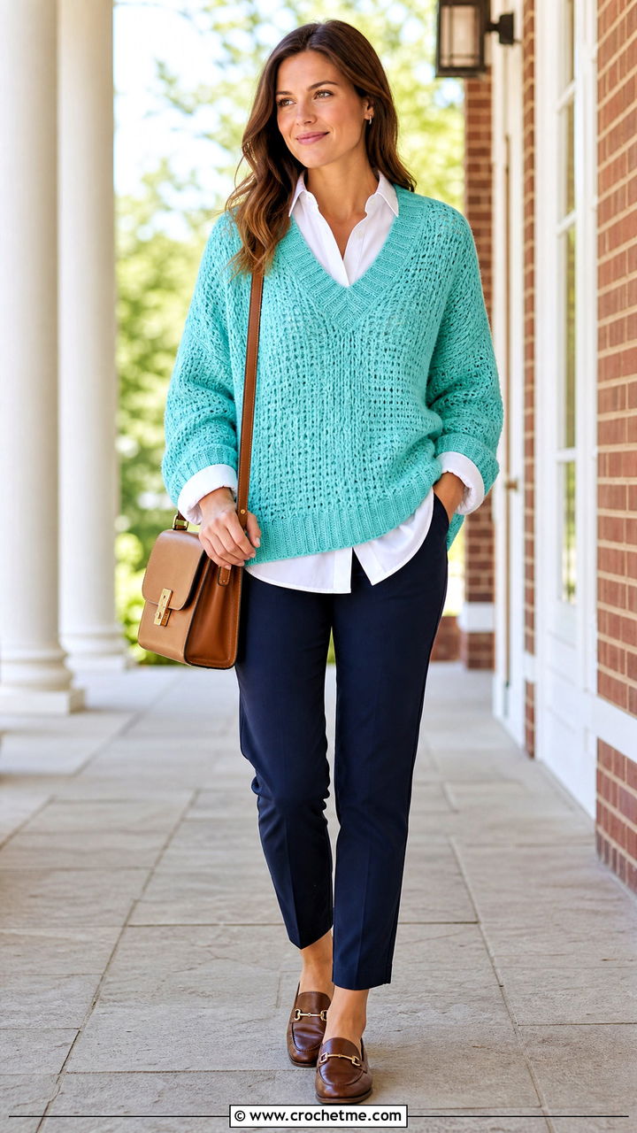 V Neck Crochet Oversized Sweater With Button Down Shirt - 35 crochet oversized sweater outfit ideas