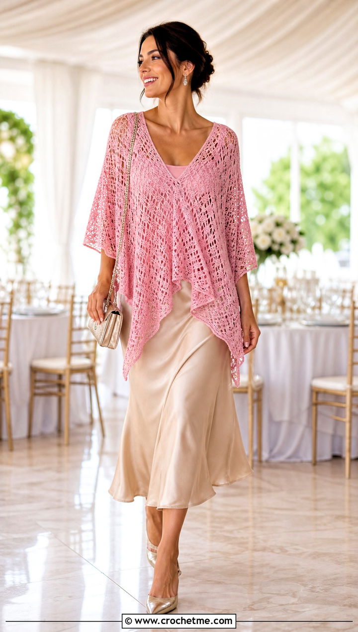V Neck Crochet Poncho With A Satin Midi Skirt - 25 Simple Crochet Poncho outfit ideas