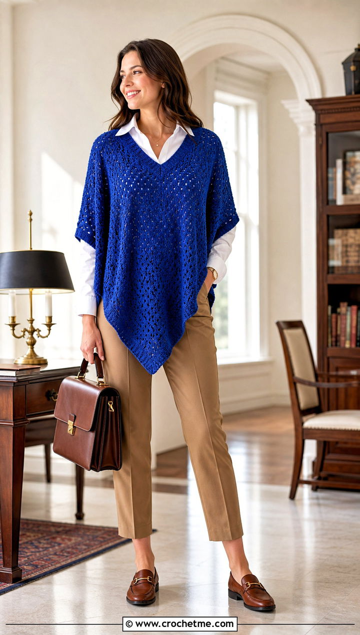V Neck Crochet Poncho With Button Down Shirt - 20 crochet poncho for women outfit ideas
