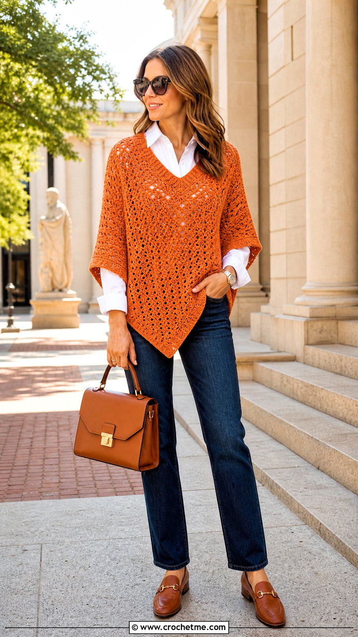 V Neck Crochet Poncho With Button Down Shirt - 35 easy crochet poncho woman outfit ideas