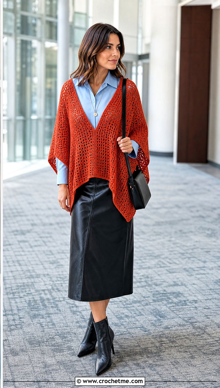 V Neck Crochet Poncho With Faux Leather Midi Skirt - 25 Crochet For Poncho outfit ideas