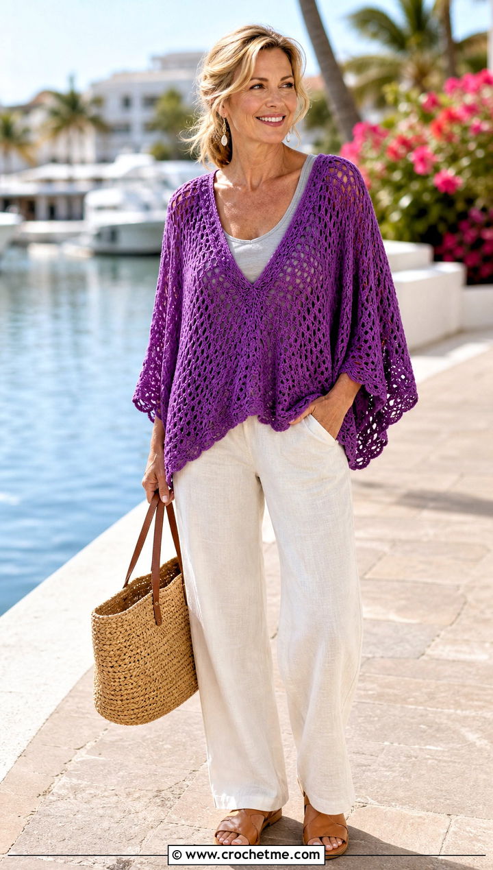 V Neck Crochet Poncho With Linen Pants - 20 crochet lightweight poncho outfit ideas