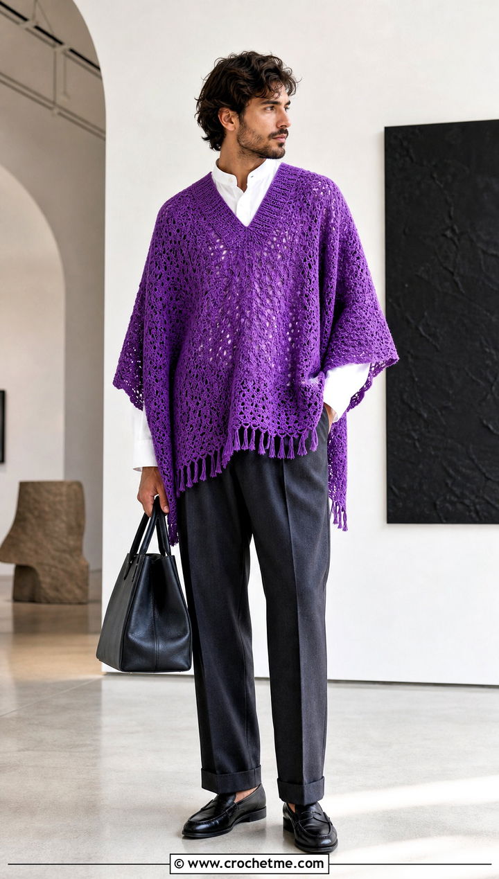 V Neck Crochet Poncho With Pleated Trousers - 25 mens crochet poncho outfit ideas