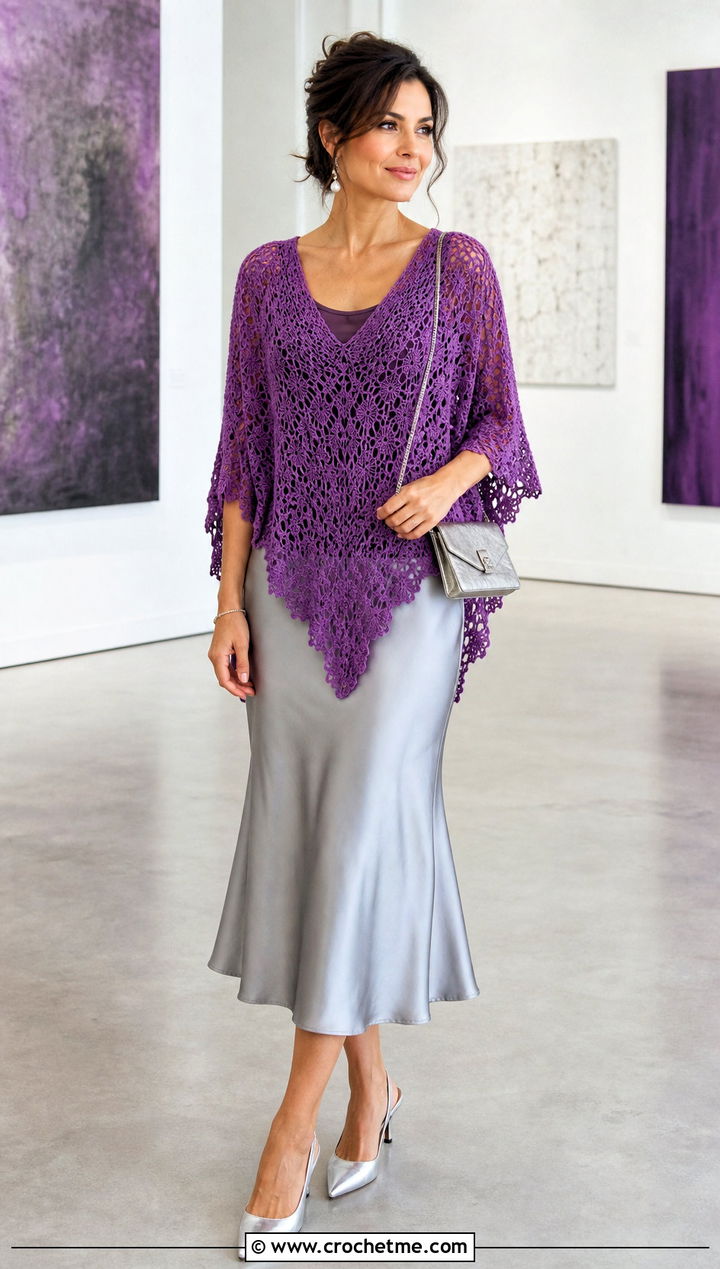 V Neck Crochet Poncho With Satin Midi Skirt - 25 Easy Simple Crochet Poncho outfit ideas