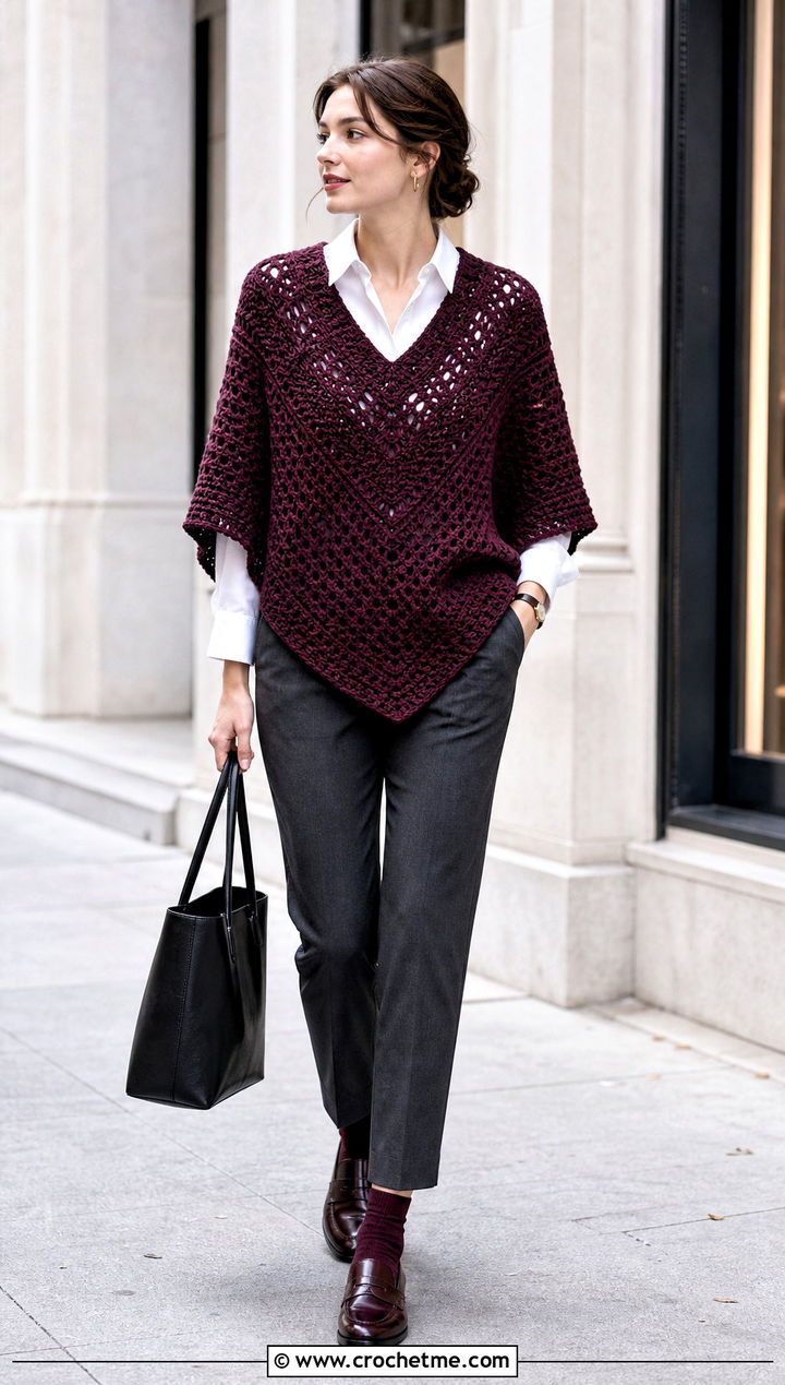 V Neck Crochet Poncho With White Shirt And Cigarette Pants - 30 woman winter crochet poncho outfit ideas