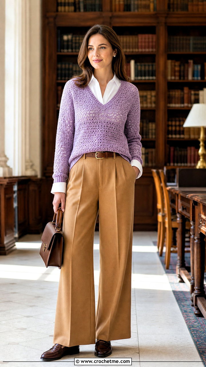 V Neck Crochet Pullover With Button Down Shirt And Trousers - 35 crochet sweaters outfit ideas