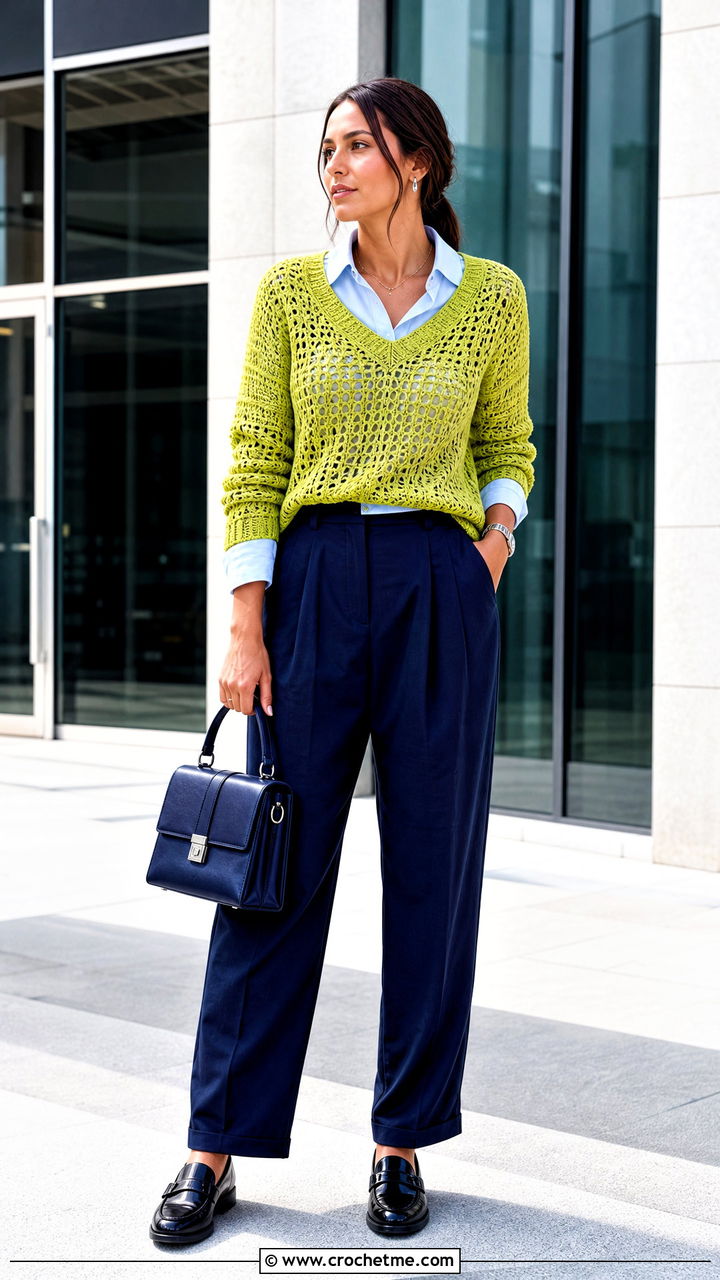 V Neck Crochet Pullover With Button Down Shirt - 35 crochet pullover outfit ideas