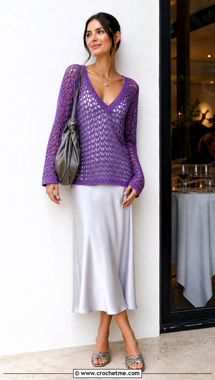 V Neck Crochet Raglan Mesh Top Over A Slip Dress - 25 Crochet Raglan Mesh Top outfit ideas