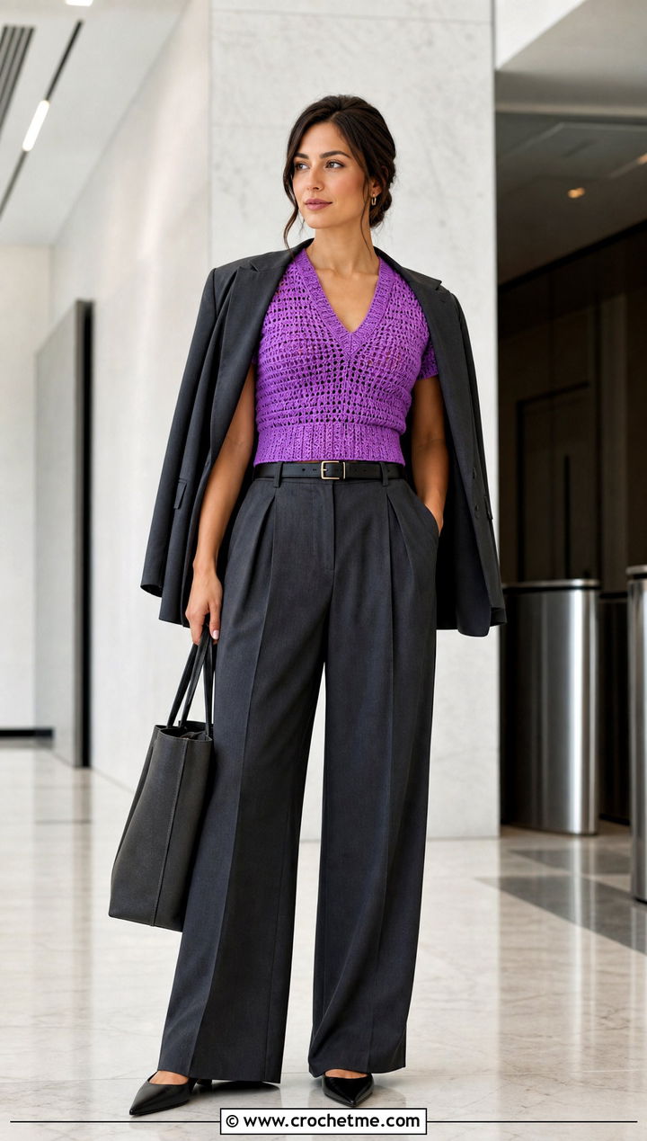 V Neck Crochet Raglan Top With Pleated Trousers - 30 crochet raglan top outfit ideas
