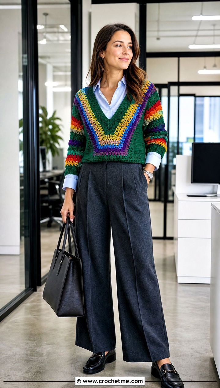 V Neck Crochet Rainbow Sweater With Button Down Shirt And Trousers - 20 Crochet Rainbow Sweater outfit ideas