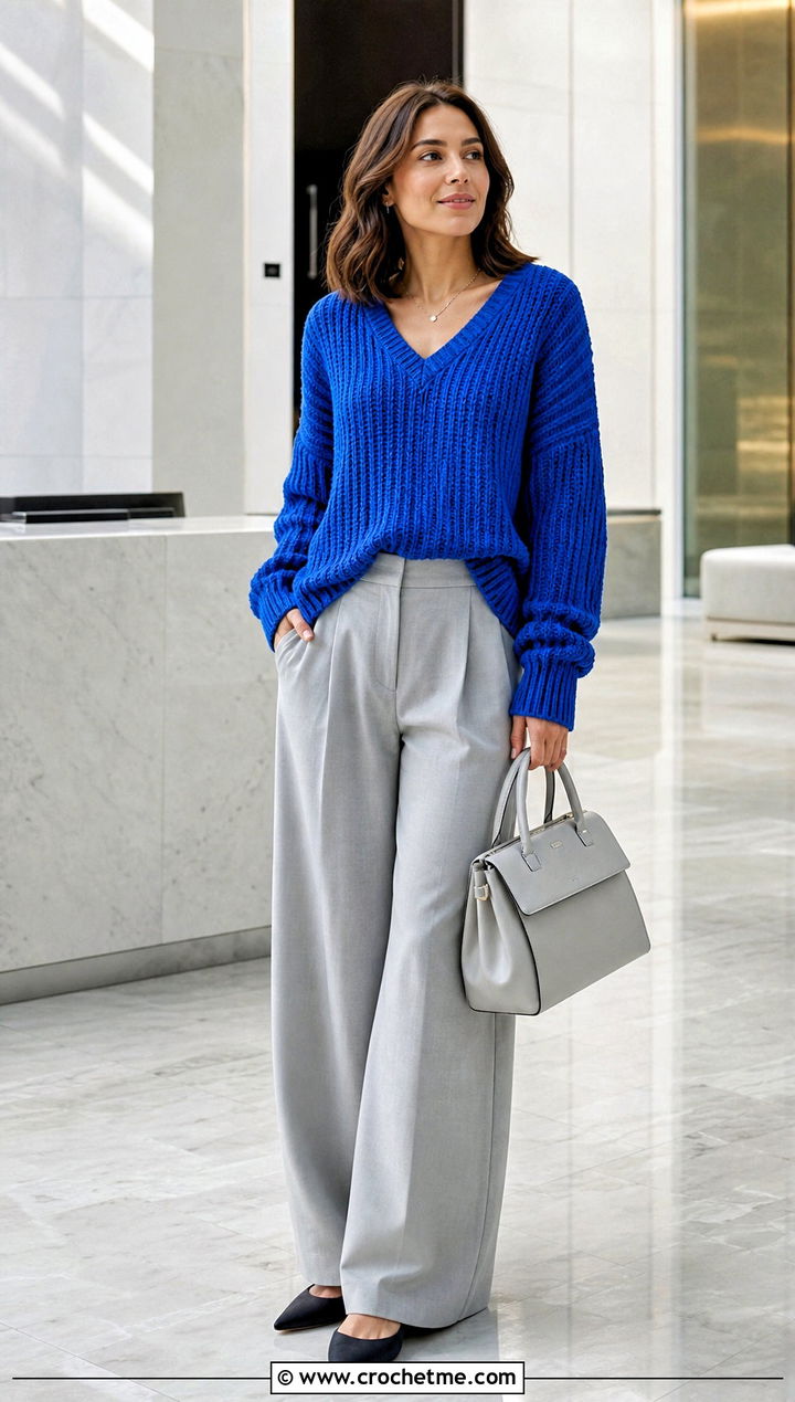 V Neck Crochet Ribbed Sweater With Wide Leg Trousers - 35 crochet ribbed sweater outfit ideas