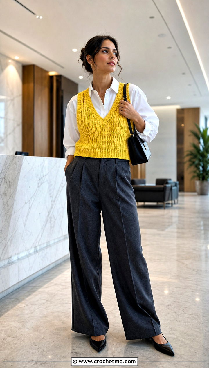 V Neck Crochet Ribbed Vest With Wide Leg Trousers - 20 crochet ribbed vest outfit ideas