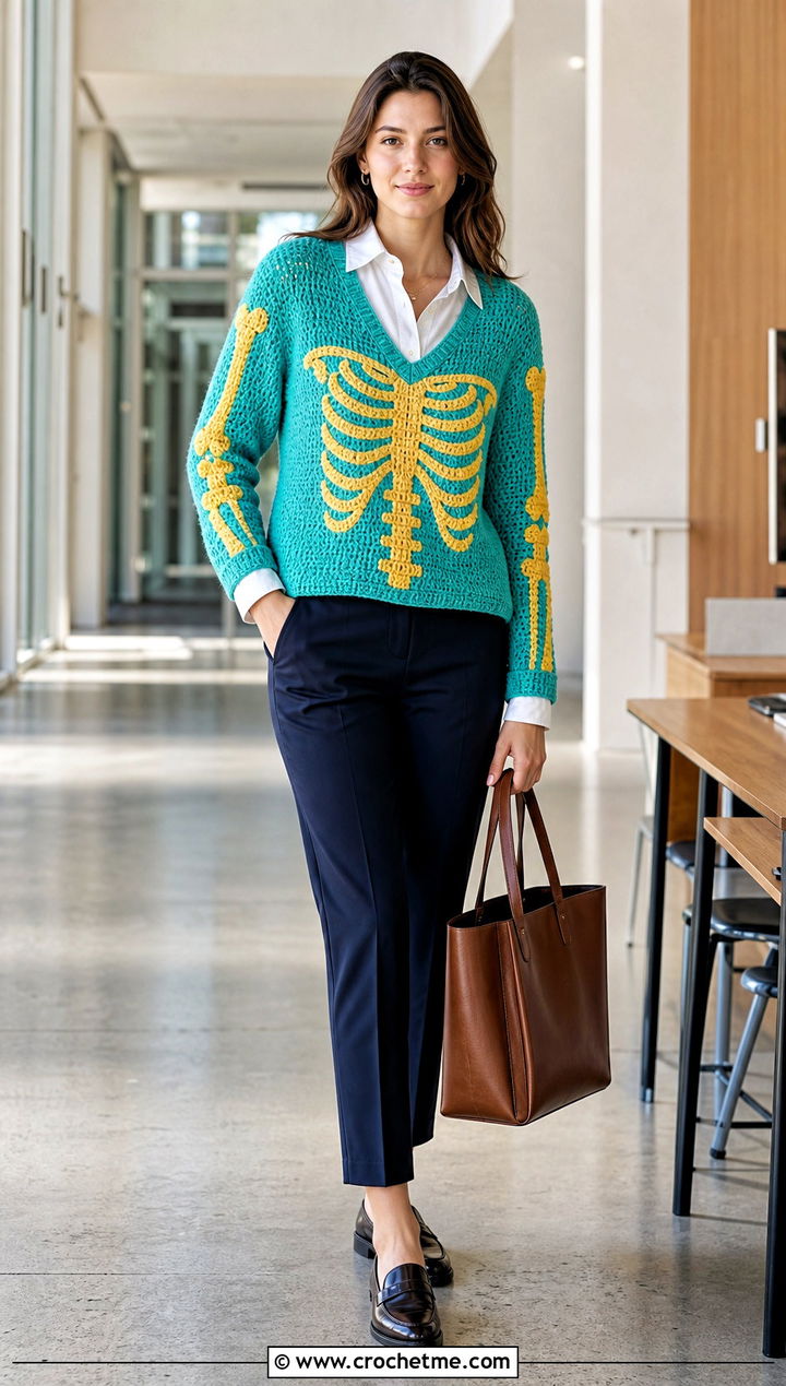 V Neck Crochet Skeleton Sweater With Button Down Shirt - 30 Crochet Skeleton Sweater outfit ideas