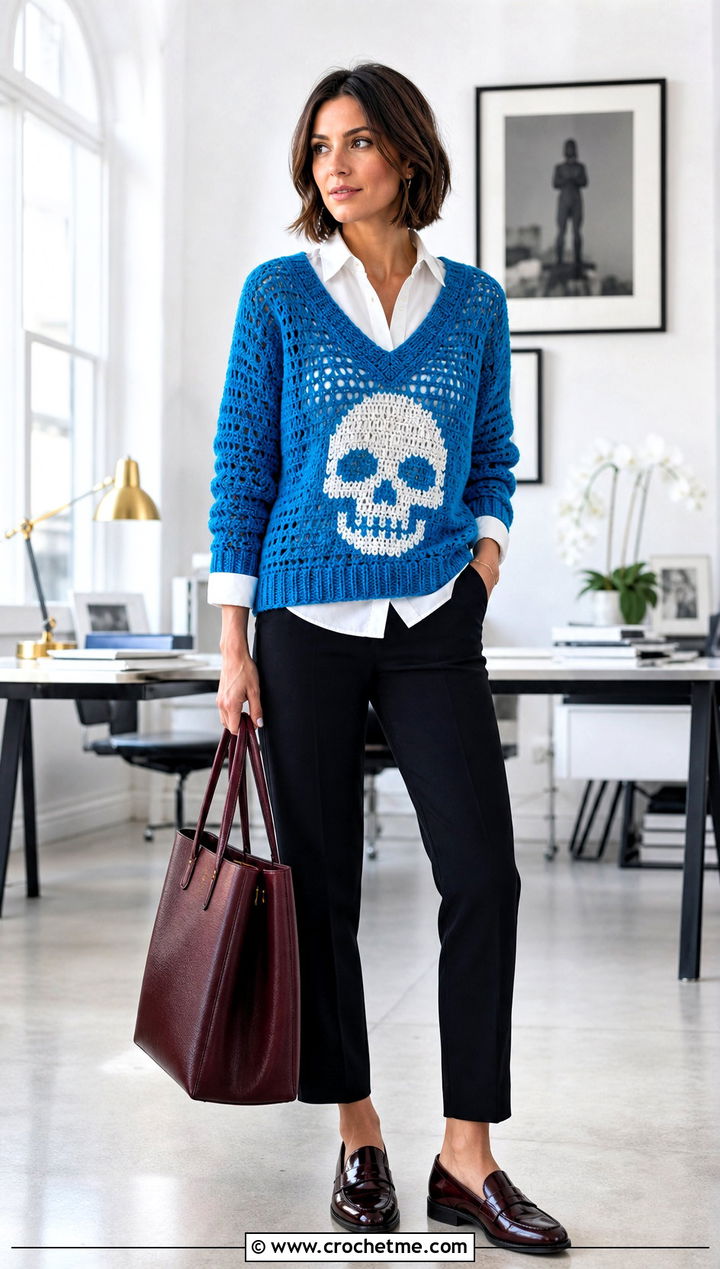 V Neck Crochet Skull Sweater With Collared Shirt - 35 crochet skull sweater outfit ideas