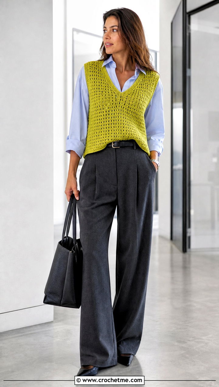V Neck Crochet Sleeveless Vest With Wide Leg Trousers - 35 crochet sleeveless vest outfit ideas