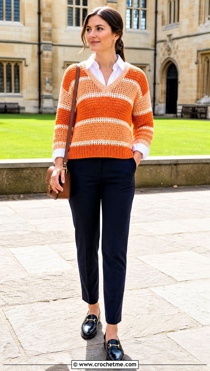 V Neck Crochet Striped Sweater With Button Down Shirt - 15 Crochet Stripped Sweater outfit ideas