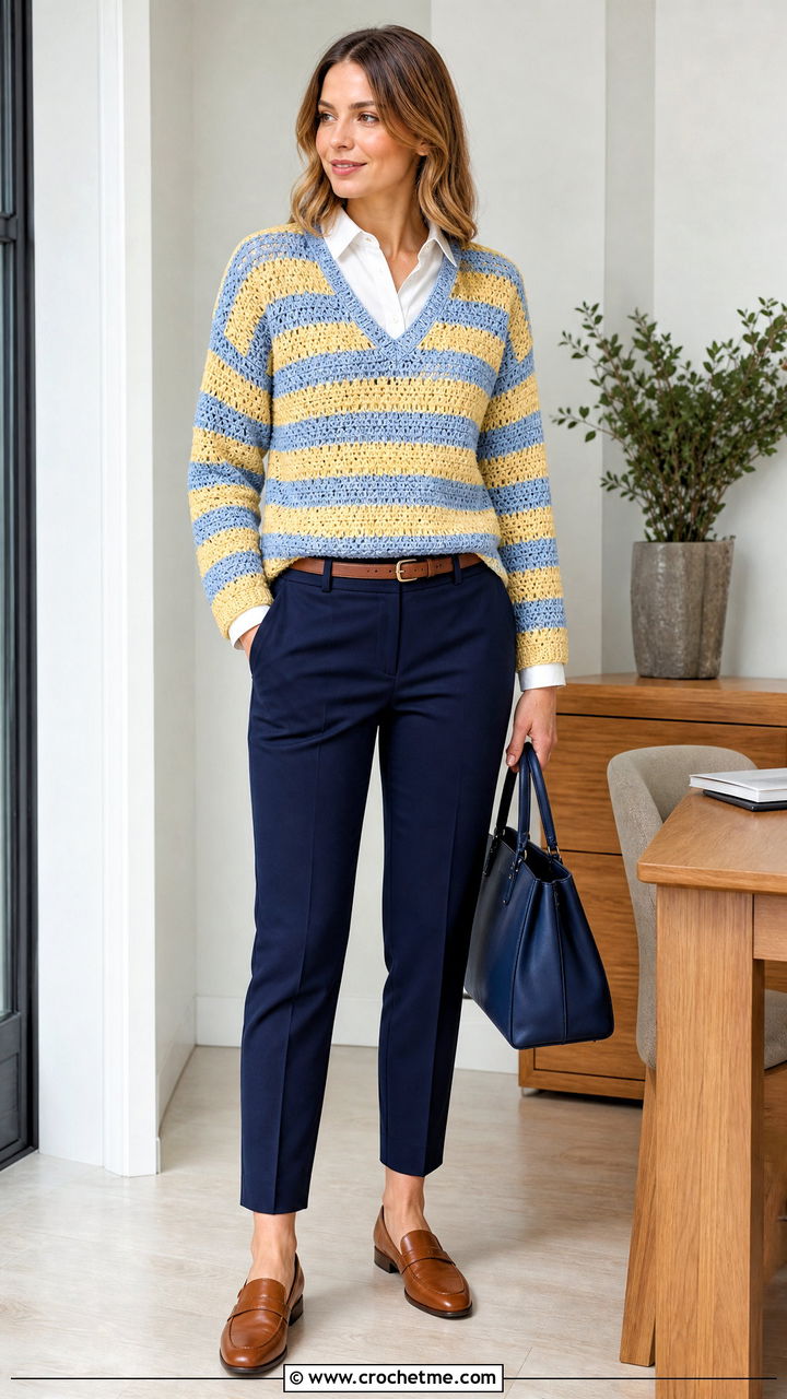 V Neck Crochet Striped Sweater With Button Down Shirt - 35 crochet striped sweater outfit ideas