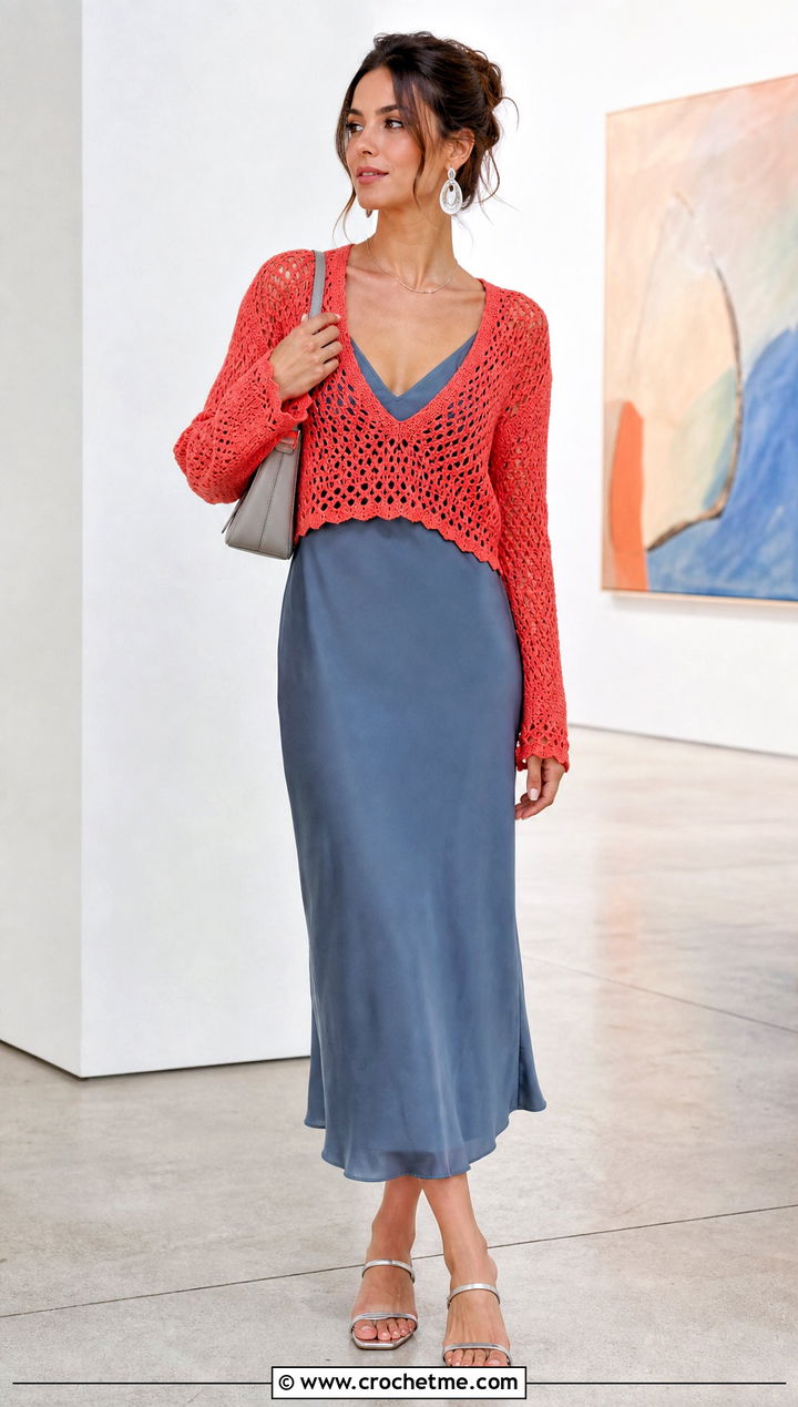 V Neck Crochet Summer Pullover With Slip Dress - 25 crochet summer pullover outfit ideas