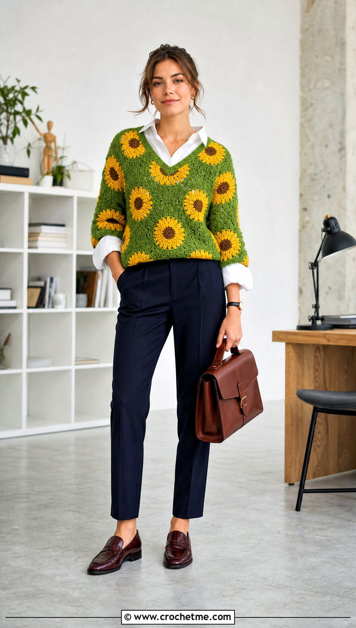 V Neck Crochet Sunflower Sweater With White Button Down Shirt - 35 crochet sunflower sweater outfit ideas