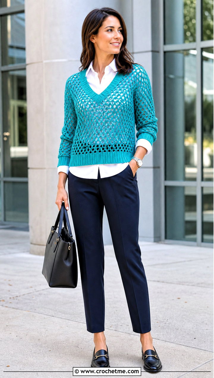 V Neck Crochet Sweater Over A Button Down Shirt - 30 crochet key sweater outfit ideas