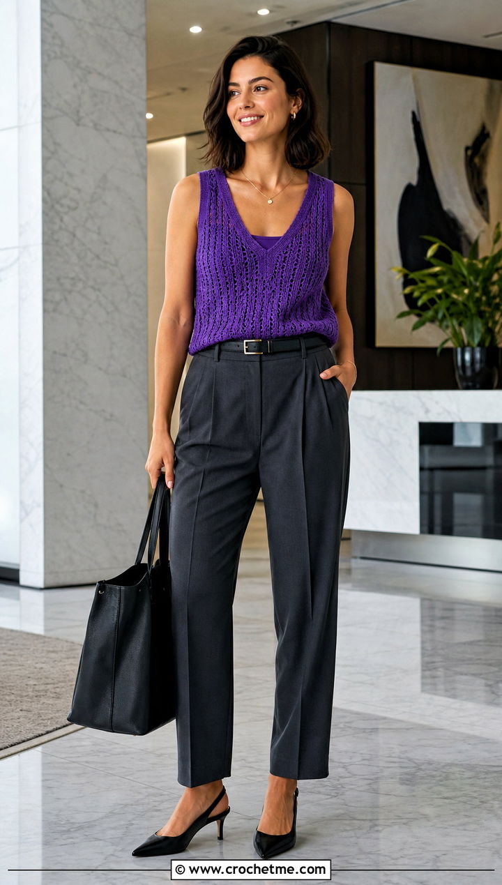 V Neck Crochet Sweater Tank With Tailored Trousers - 25 Crochet Sweater Tank outfit ideas